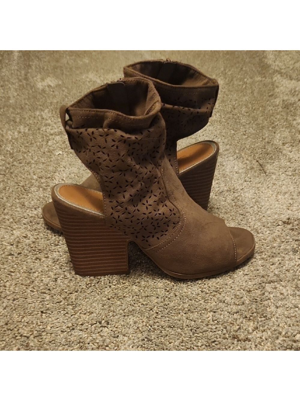 Sugar Brown Suede 2in Heeled Boots with Perforated Design